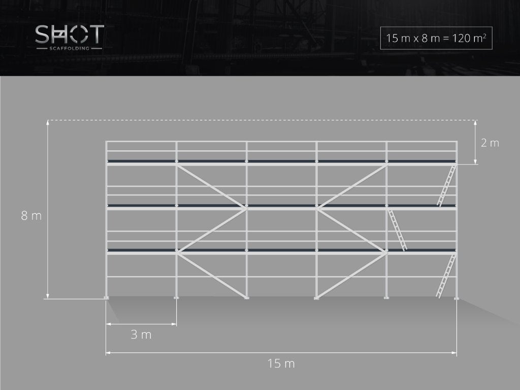 Stalen steiger Plettac | 120 m² | Houten vloer, Verzenden, Nieuw, Gevelsteiger, 5 meter of hoger