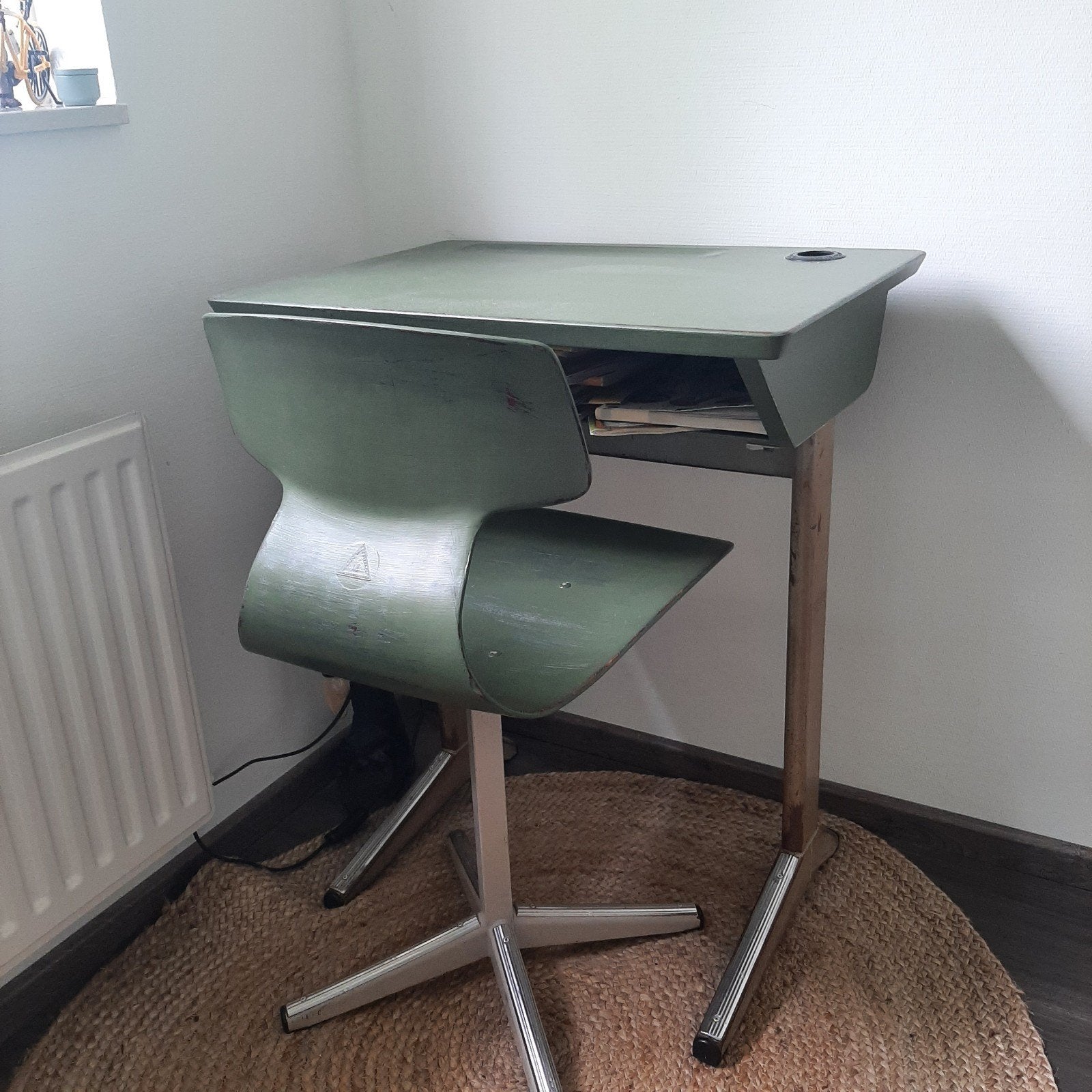 Vintage schoolbankje met stoel - Groen, Antiek en Kunst, Ophalen