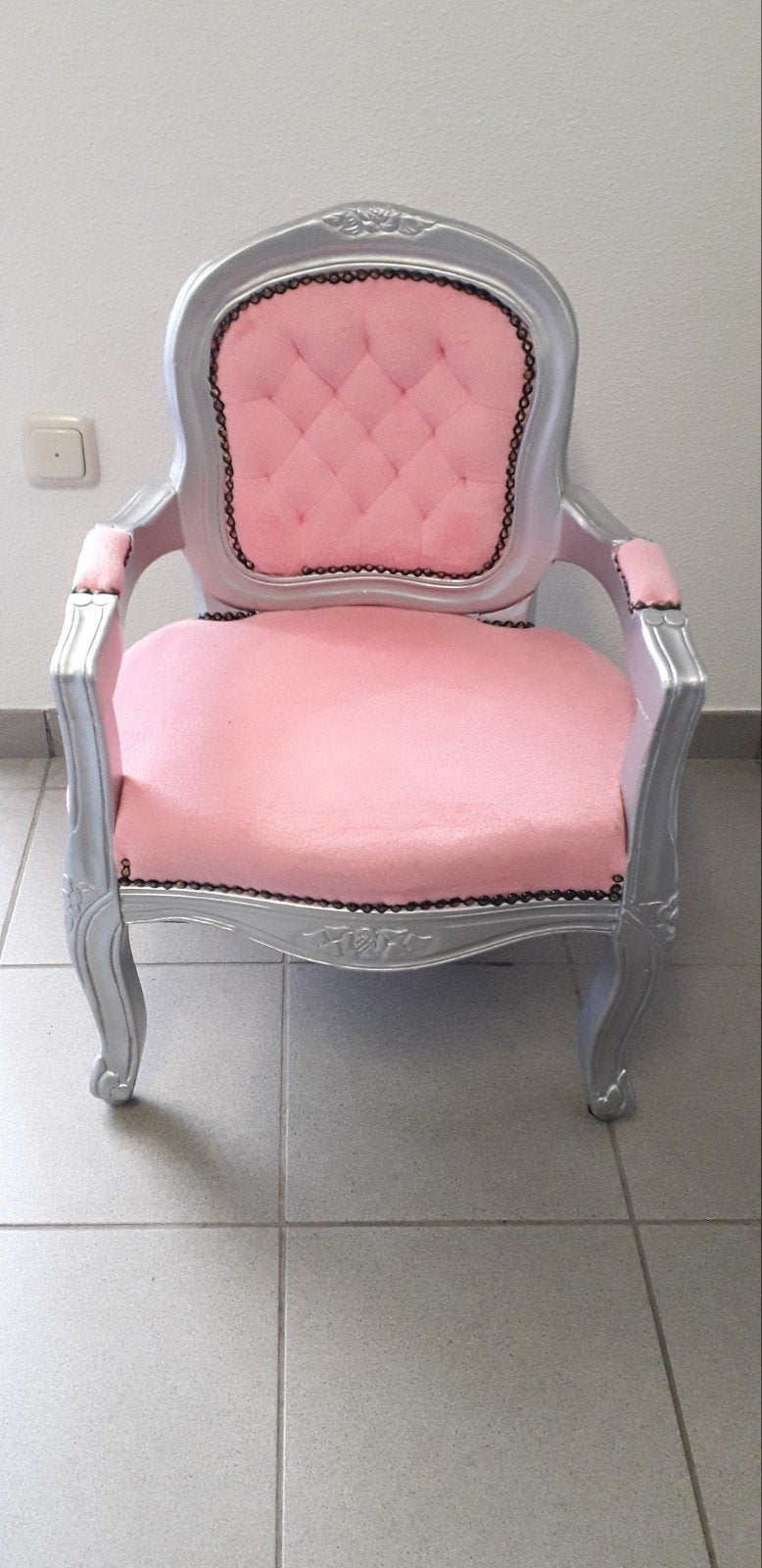 Barokke fauteuil roze met zilveren frame, Ophalen, Gebruikt