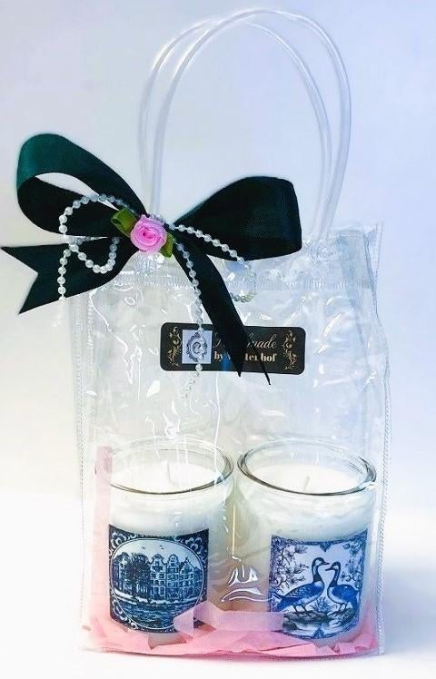 Giftset - cadeaus - kaarsen in glazen delfts blauw eenden, Overige materialen, Verzenden, Wit, Nieuw