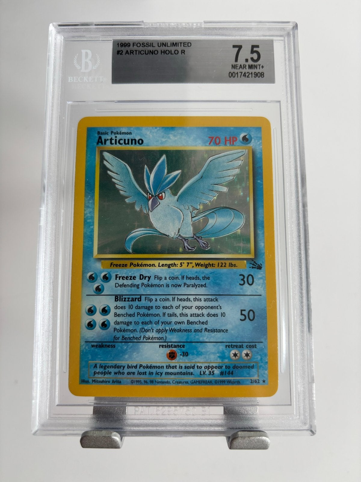 1999 Fossil Unlimited #2 Articuno Holo R BGS 7.5 Pokémon, Ophalen of Verzenden, Zo goed als nieuw, Losse kaart, Foil