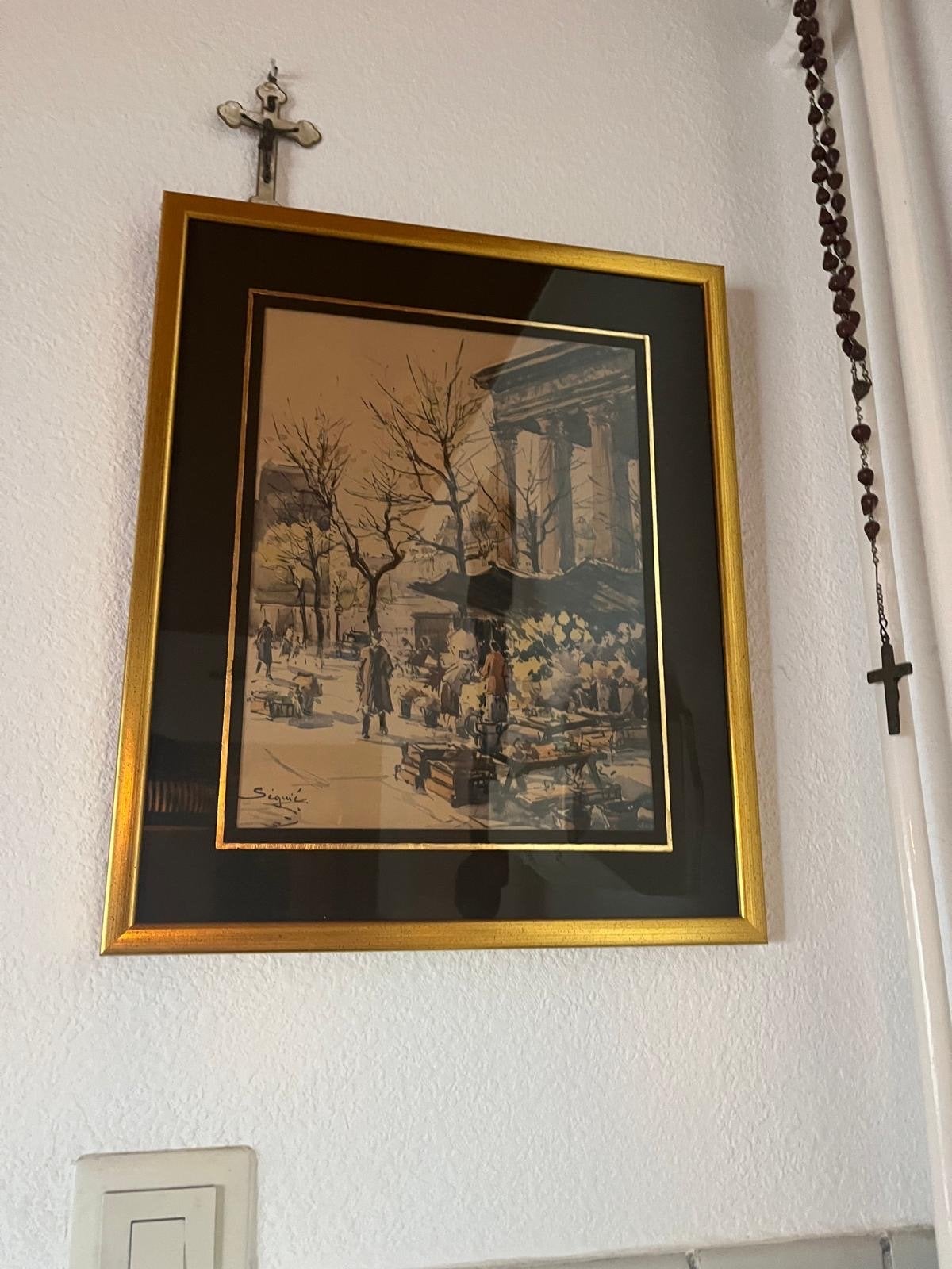 Stadsgezicht met markt en gebouw - Gesigneerd 'Sigué', Realistisch, Ophalen of Verzenden, Gesigneerd, Tekening