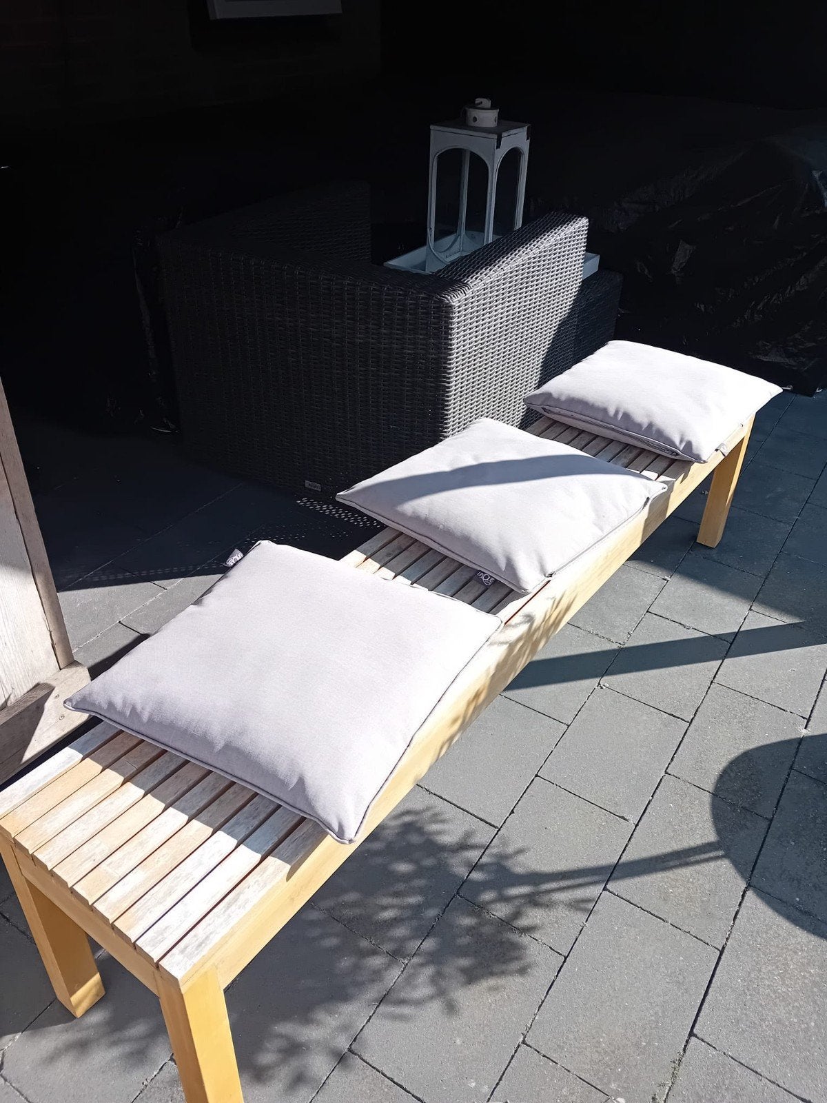 Houten bankje met kussens - 180x35 cm, Ophalen of Verzenden, Gebruikt, Hout