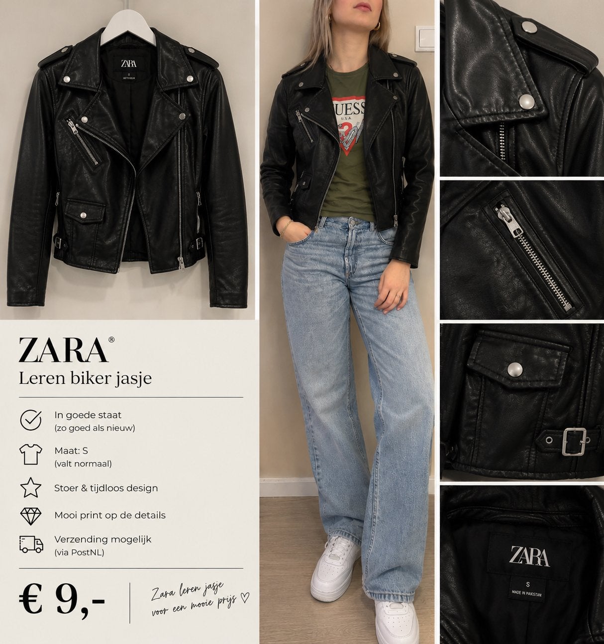 Zara Leren Biker Jasje, Kleding | Dames, Ophalen of Verzenden, Gedragen, Maat 36 (S), Zwart