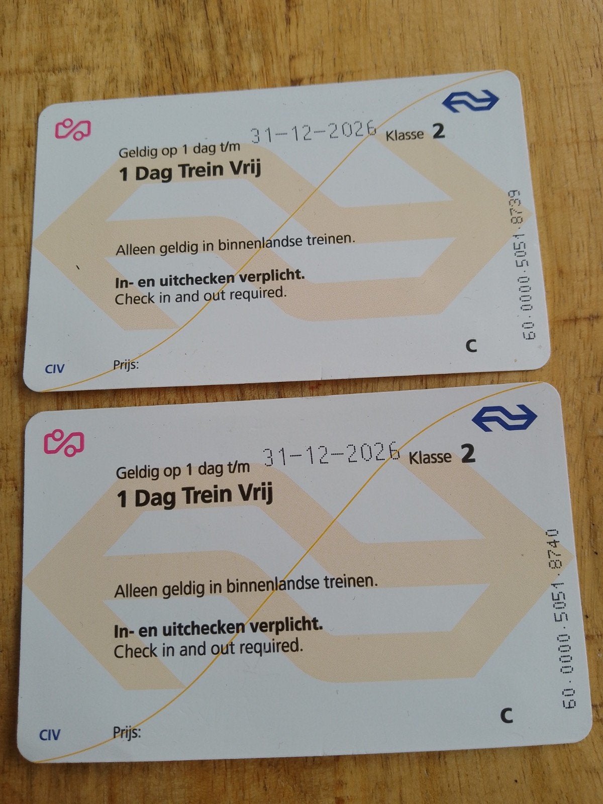 2 NS dag treinkaartjes ook voor in de spitsuren, Eén persoon, Trein, Algemeen kaartje