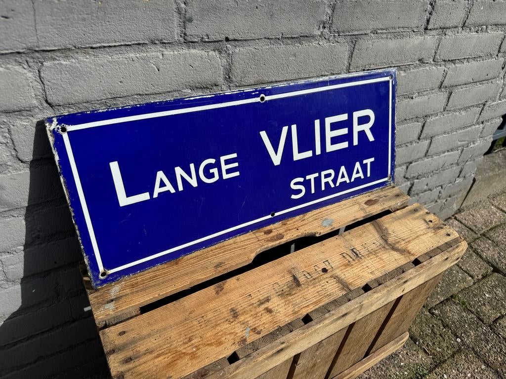 Emaille straatnaambord 'Lange Vlier Straat', Antiek en Kunst, Antiek | Emaille, Ophalen