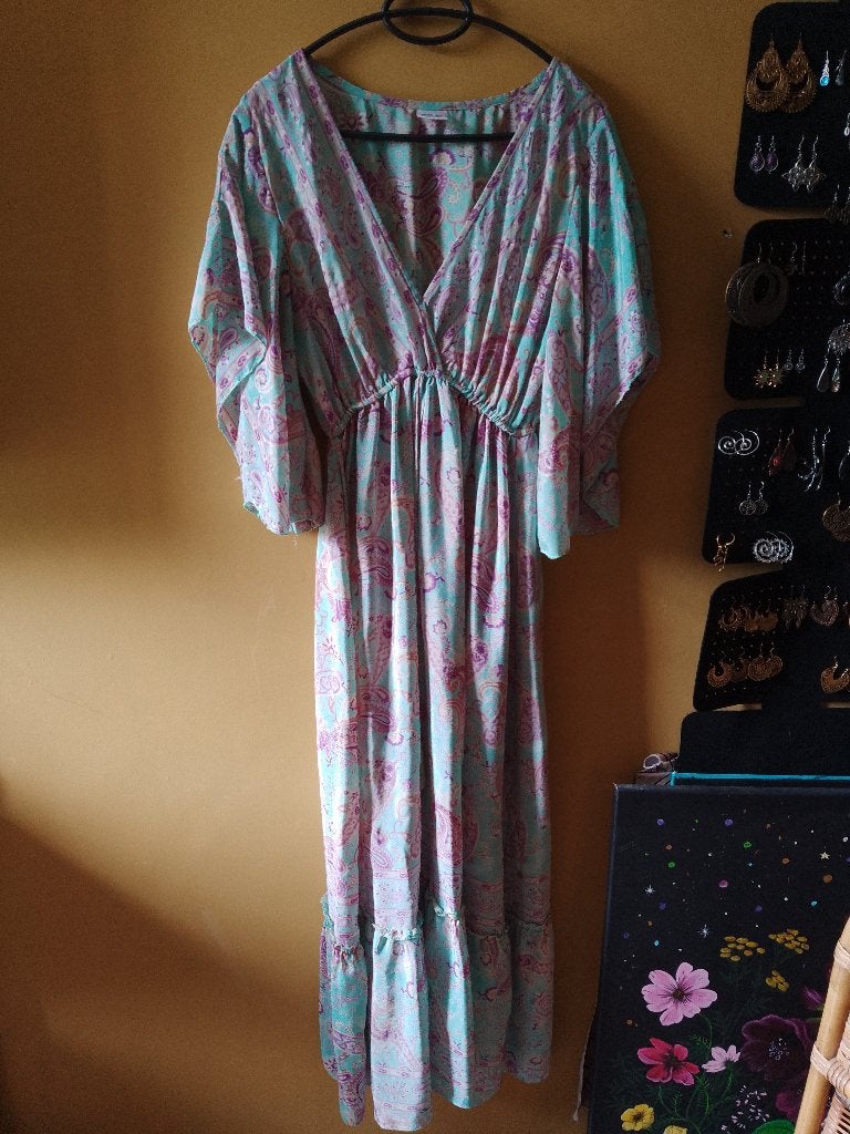Boho maxijurk met wijde mouwtjes one size alleen ophalen, Blauw, Gedragen, Onder de knie, Ophalen