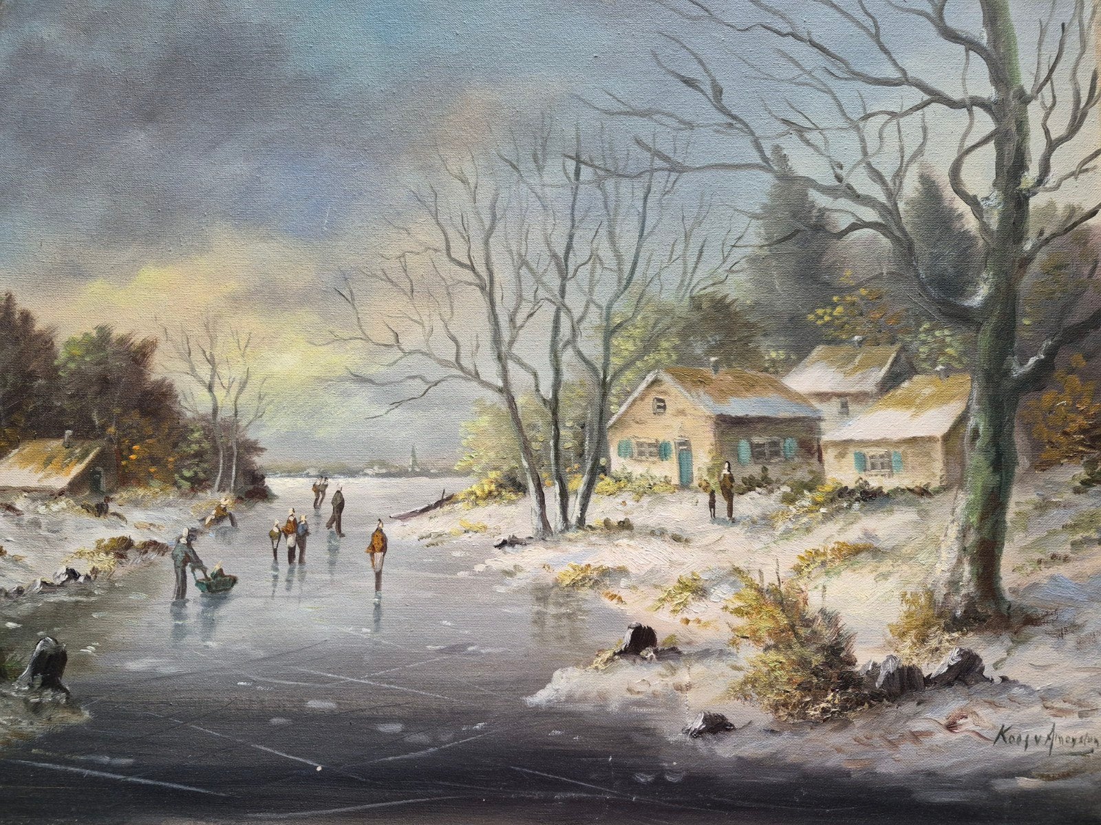 Schilderij: Winterlandschap met schaatsers en huis, Antiek en Kunst, Ophalen of Verzenden