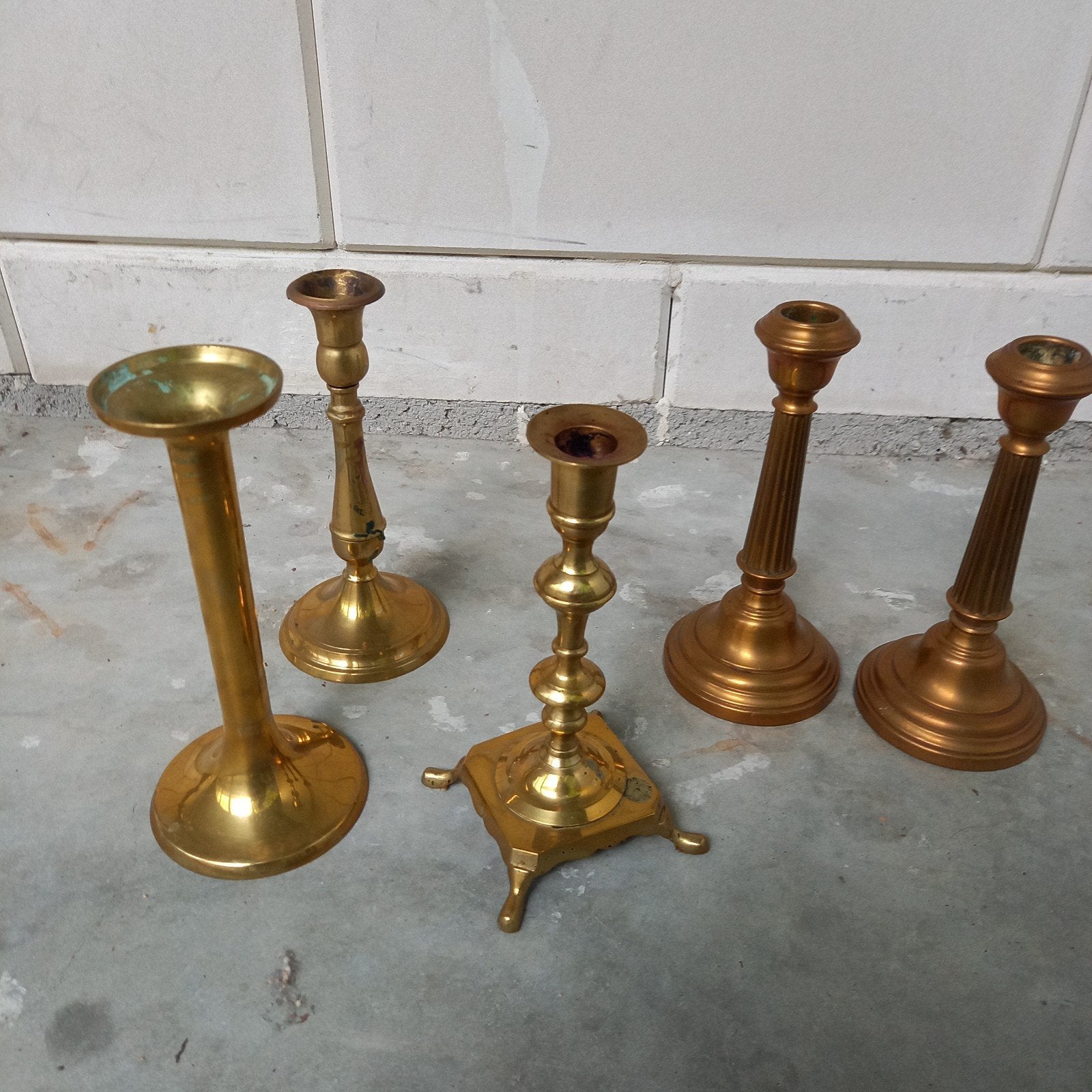 Set van 5 messing kandelaars, diverse stijlen, Ophalen of Verzenden