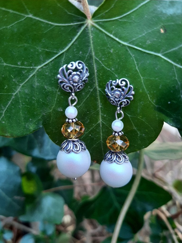 Oorbellen Carolijne swarovski parels-briolet steker zilver, Wit, Nieuw, Knopjes of Stekers, Zilver