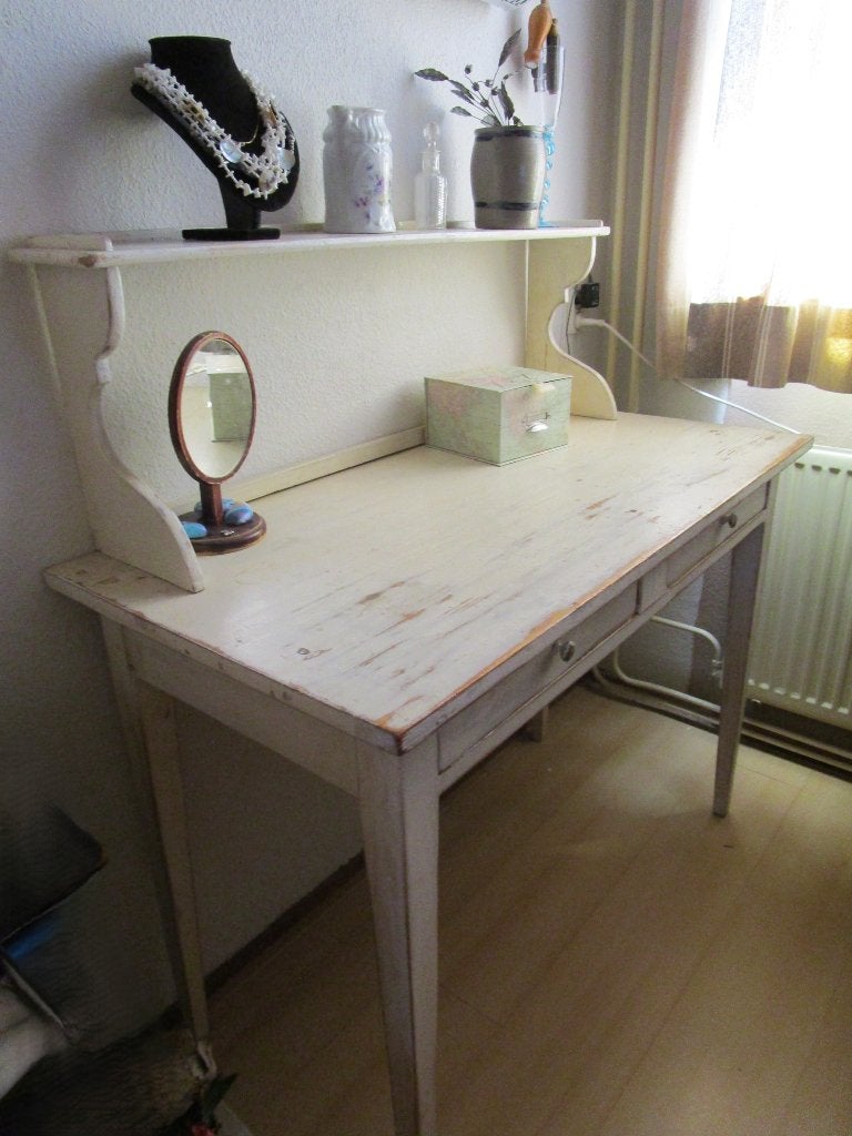 Vintage houten bureau met opzetstuk - wit geverfd, Ophalen