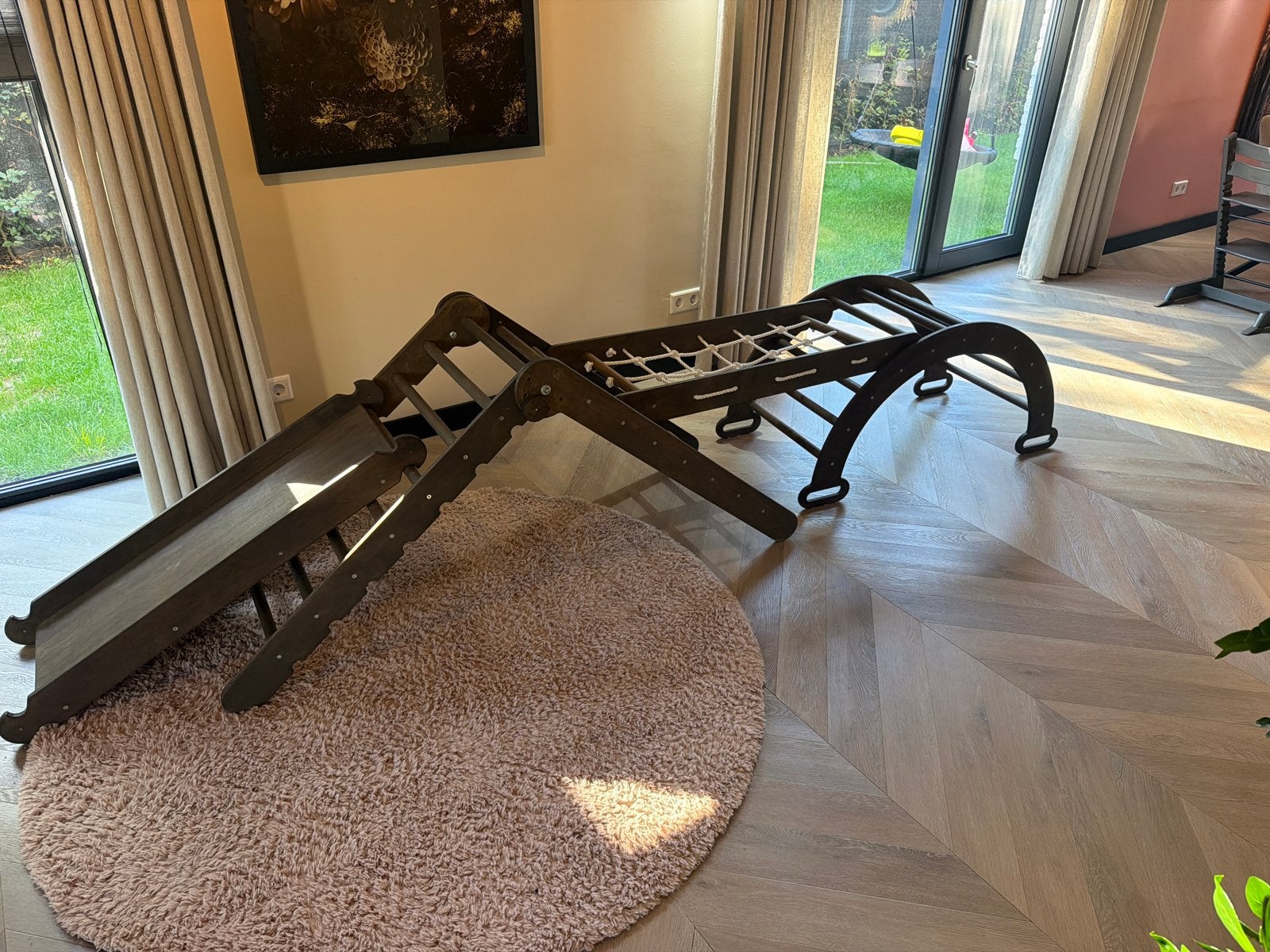 Houten Klimrek met Glijbaan en Klimnet - Zo goed als nieuw, Ophalen, Zo goed als nieuw, Glijbaan