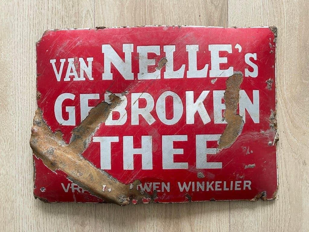 Emaille Reclamebord van Nelle 's Gebroken thee 45x32, Ophalen of Verzenden, Gebruikt, Reclamebord