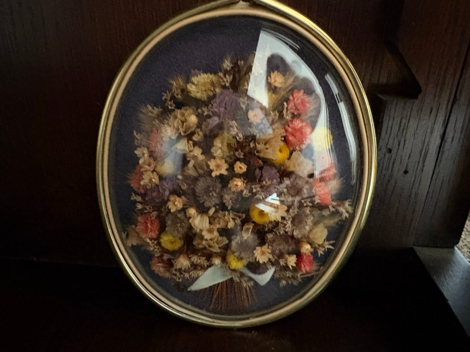 Bolglas frame met droogbloemen boeket, Vintage, Gebruikt, Meerkleurig, Verzenden