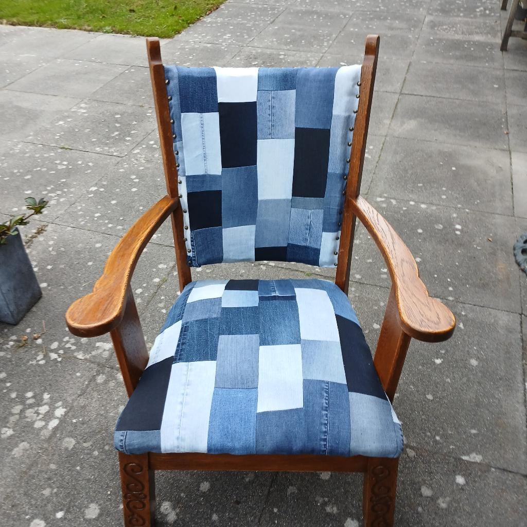 Vintage stoel met voetenbankje/krukje, Ophalen, Gebruikt, Blauw, Stof