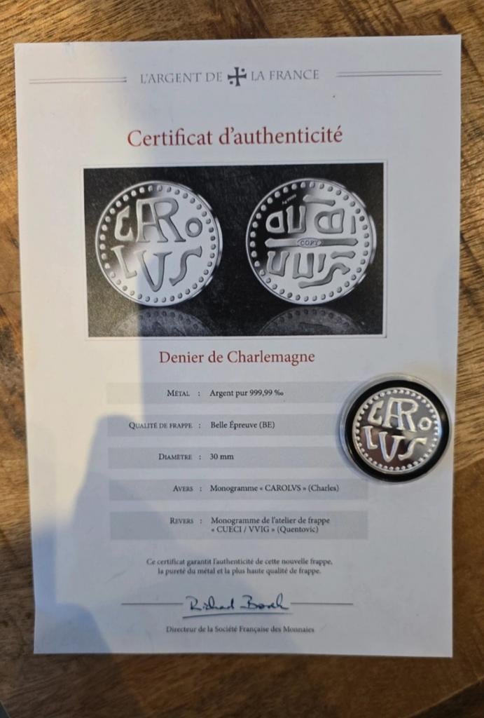 10 gram pure 999 zilver: Denier de Charlemagne, Ophalen of Verzenden, Catalogus
