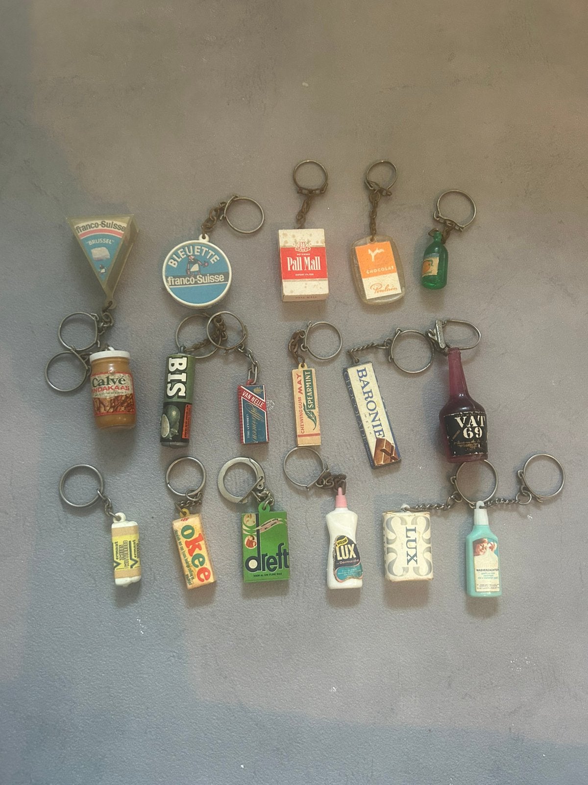 Vintage retro sleutelhangers mini boodschappen mini merken, Ophalen of Verzenden, Gebruikt, Merk