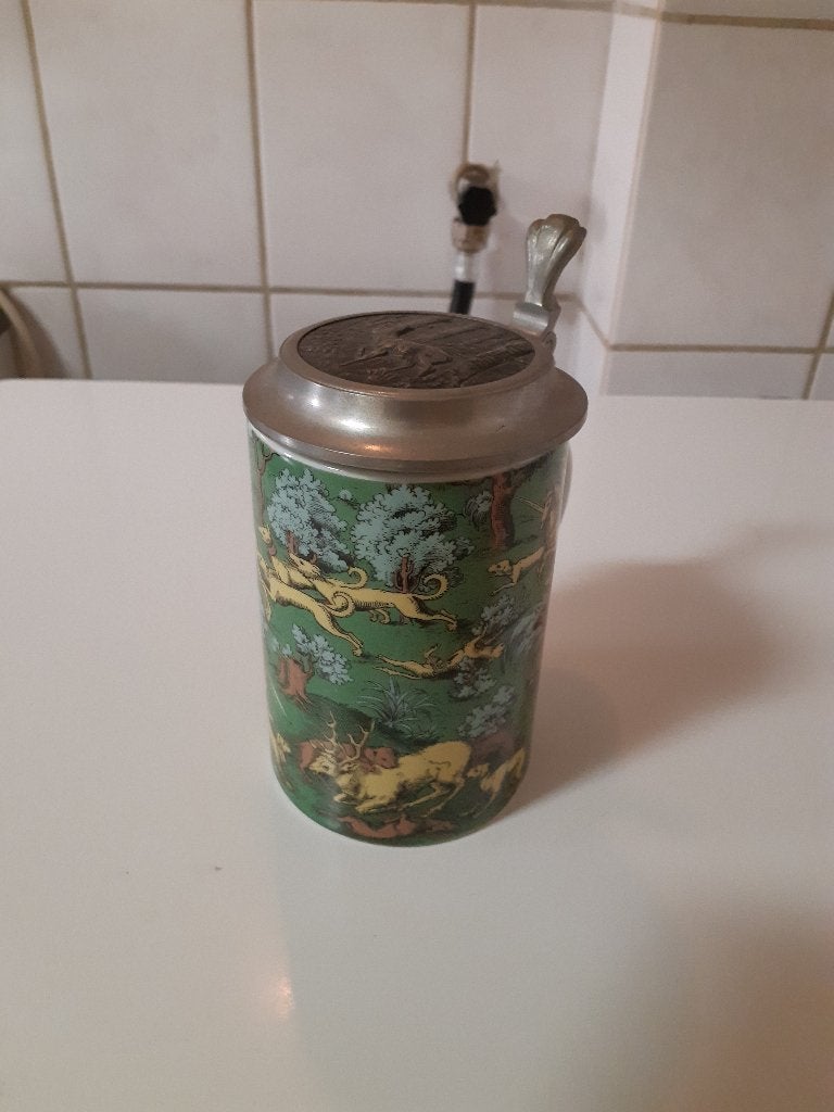 Vintage Bierpul met Jachttafereel en Tinnen Deksel, Ophalen of Verzenden, Gebruikt, Pul(len), Overige merken