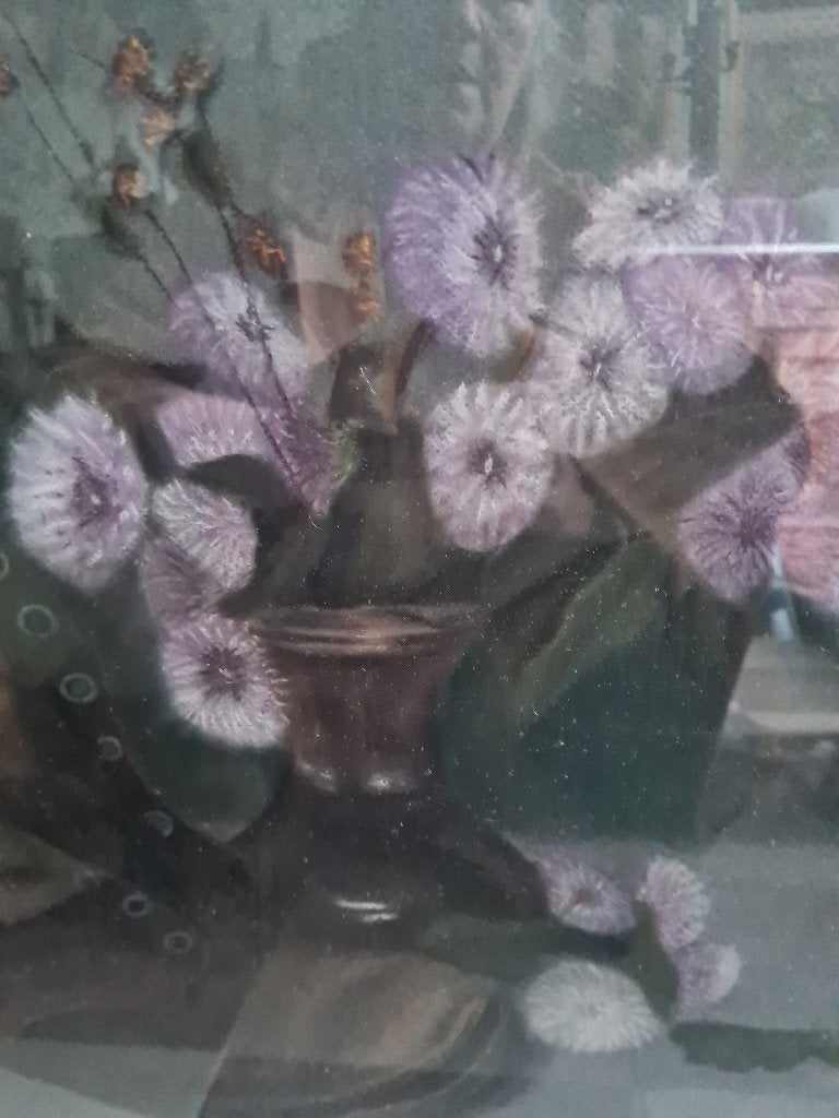 Groot vintage schilderij met glas foto 1 t/m 6, Antiek en Kunst, Ophalen, Gouache, Gesigneerd, Stilleven
