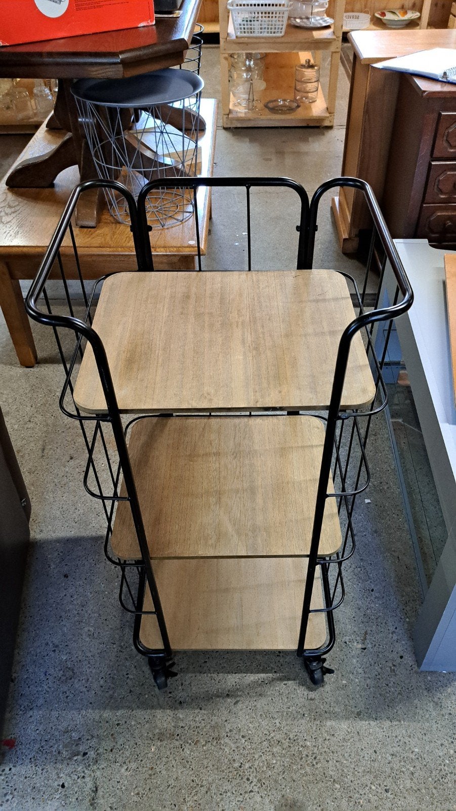 Verrijdbaar rek met 3 planken - Zwart metaal en hout, Ophalen, Gebruikt