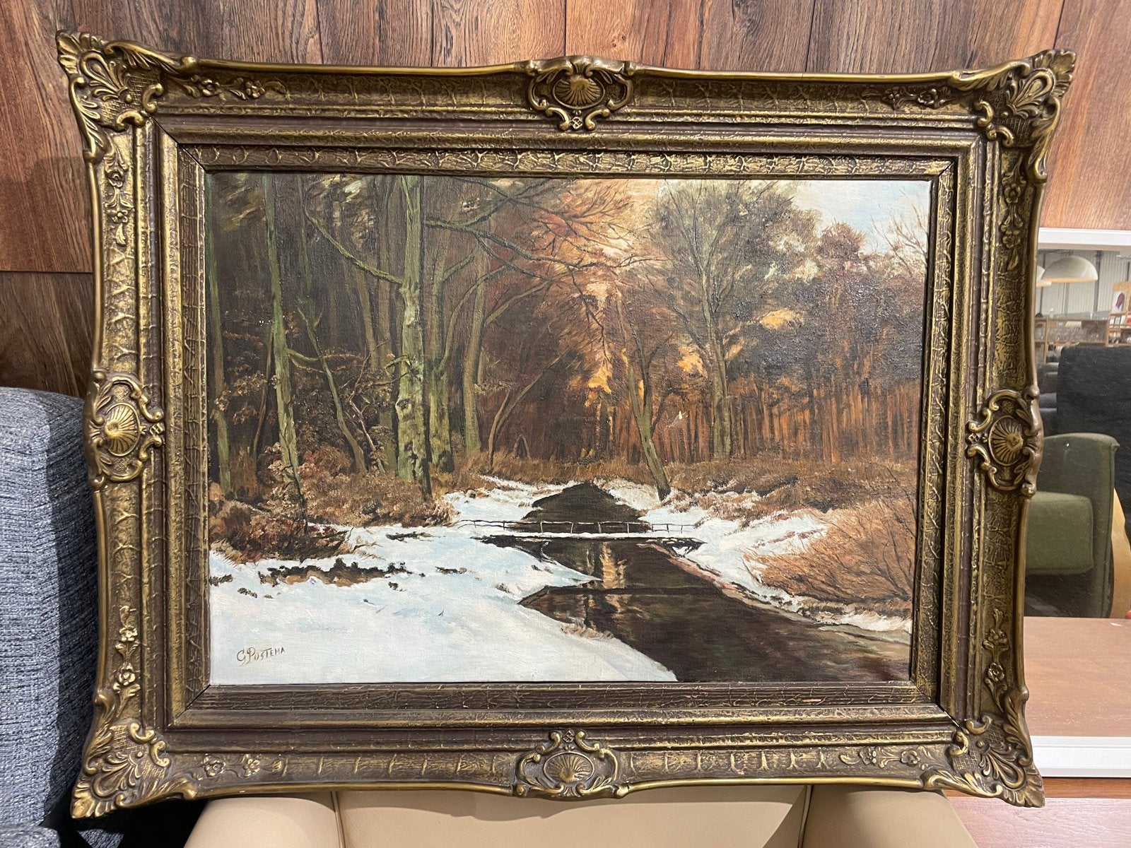 Schilderij Postema - Winters Landschap met Beek en Bos, Doek, Realistisch, Ophalen of Verzenden, Gesigneerd