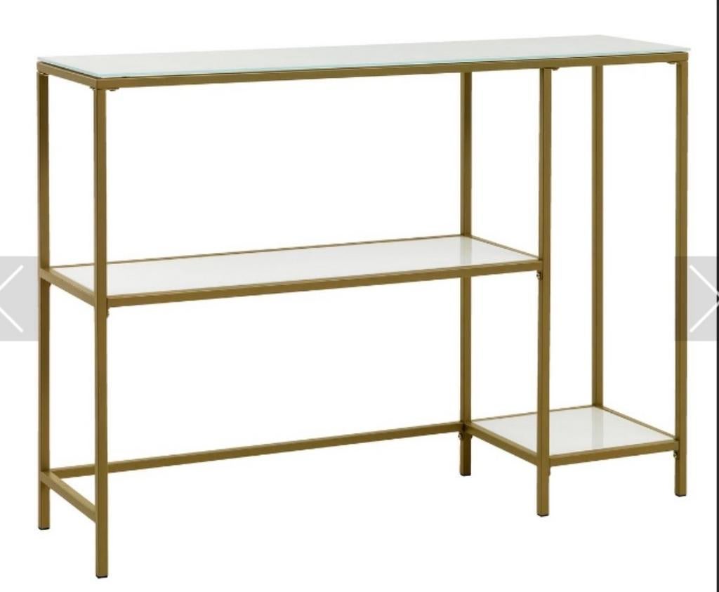 Stijlvolle sidetable met glazen planken en gouden frame, Gebruikt, 100 tot 150 cm, Ophalen of Verzenden, Metaal