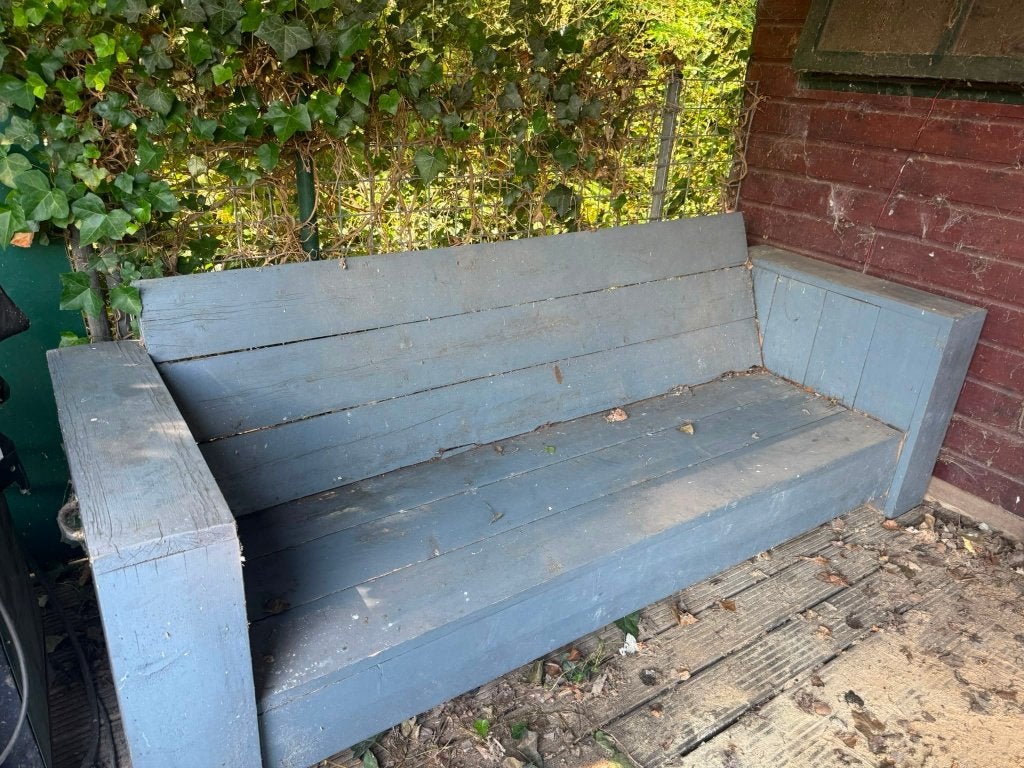 Steigerhouten tuinset, Ophalen, Gebruikt, 6 zitplaatsen, Steigerhout