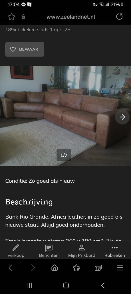 Bank Rio Grande Africa leather nieuwstaat, Ophalen, Zo goed als nieuw, Vierpersoons of meer, Leer