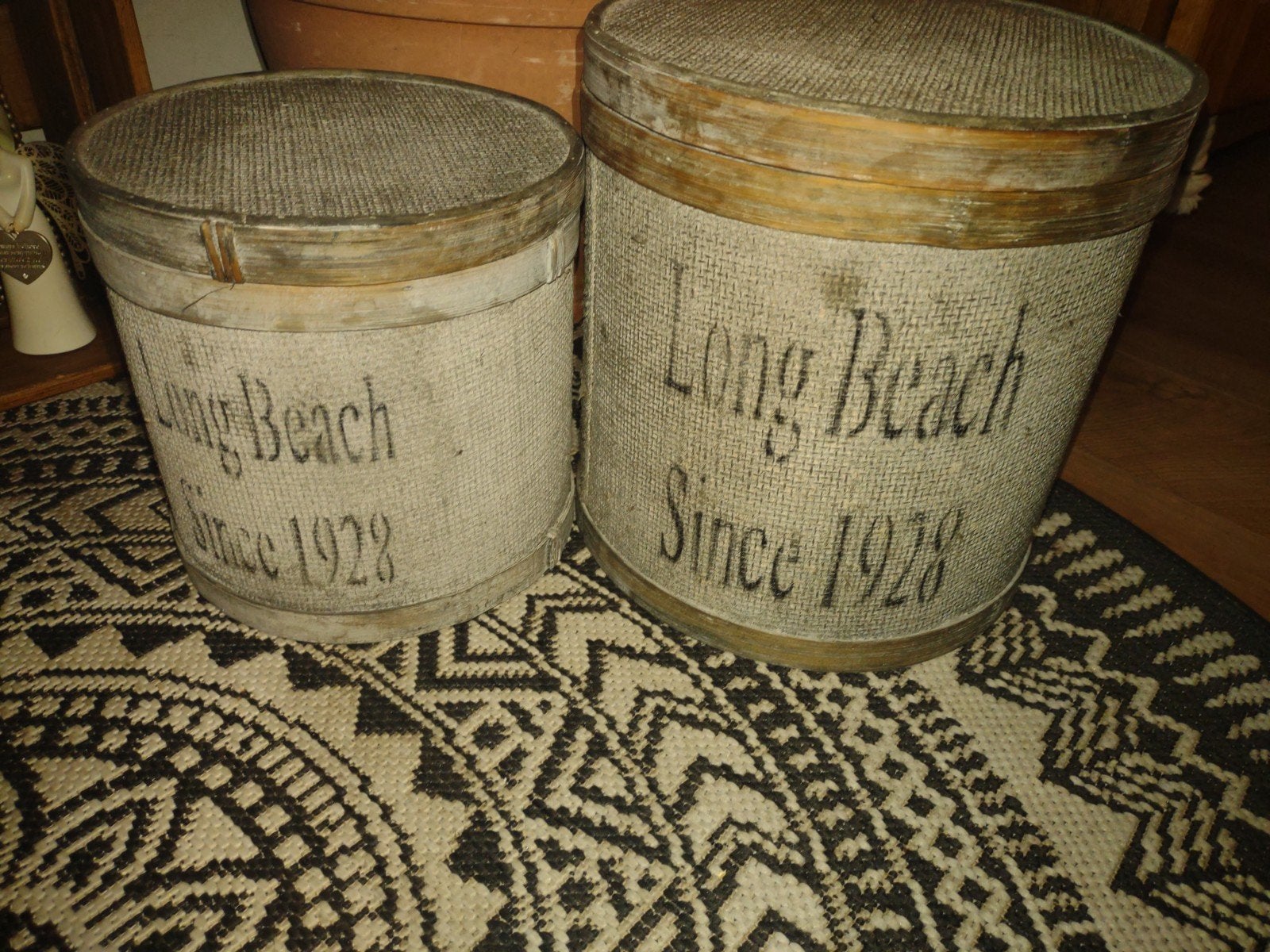 Set van 2 decoratieve opbergtonnen 'Long Beach Since 1928', Ophalen