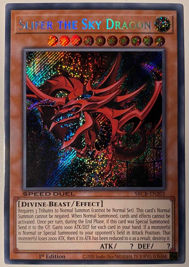 Yu-Gi-Oh! Slifer the Sky Dragon SBCB 1st Edition !, Ophalen of Verzenden, Zo goed als nieuw, Losse kaart, Foil