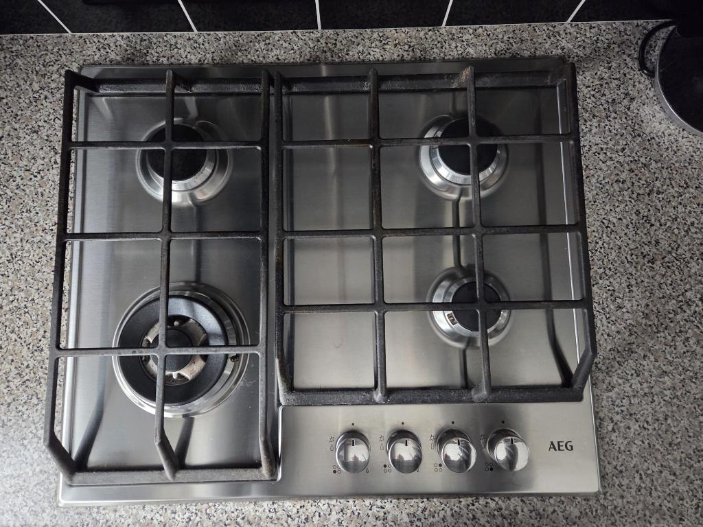 AEG 60 cm inbouw gaskookplaat rvs met wokbrander, Witgoed en Apparatuur, Kookplaten, Ophalen, Gebruikt, 4 kookzones, Inbouw