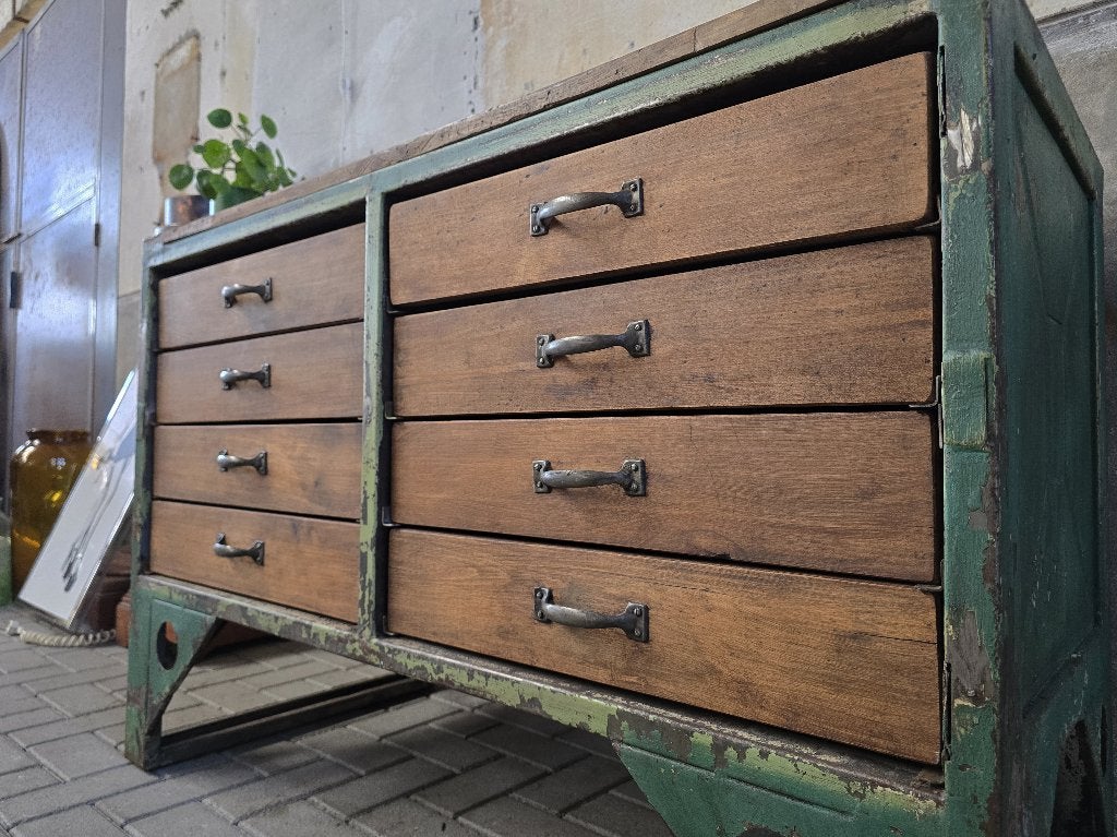 Vintage Stalen Dressoir | Grote Laden Kast Groen Ladekast, Huis en Inrichting, Grenenhout, Gebruikt, 150 tot 200 cm, Ophalen of Verzenden