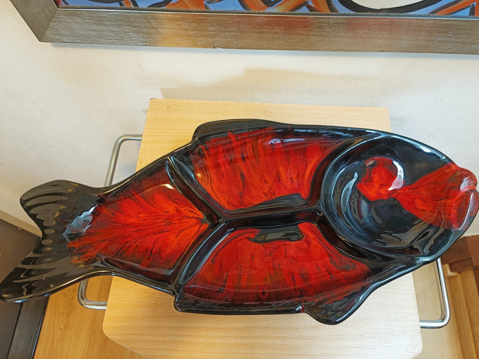 Vintage Vallauris 'Fat Lava' Visschaal Rood-Zwart, Ophalen of Verzenden