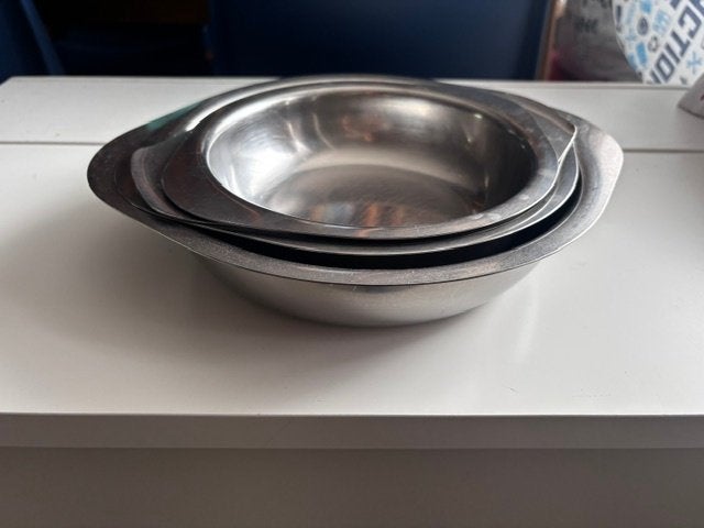 Set van 4 RVS Schalen, Ophalen, Met handvatten, Schaal, Rond