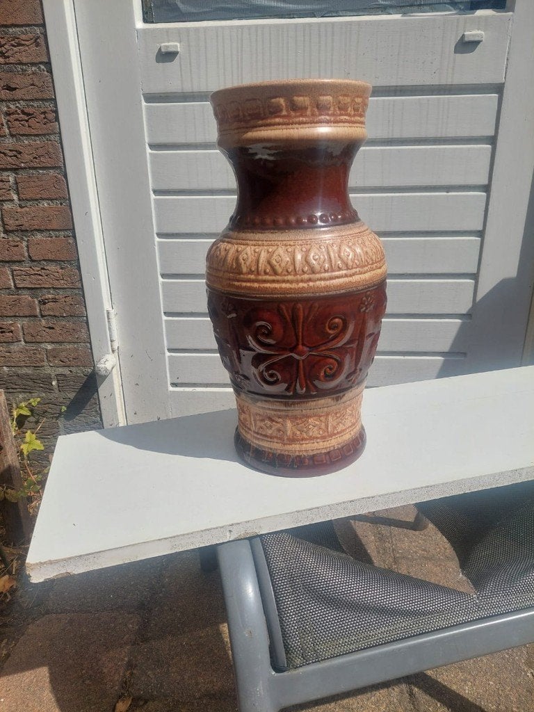 Vloervaas W Germany bruin/creme 40cm., Ophalen, Bruin, Zo goed als nieuw, 40 cm