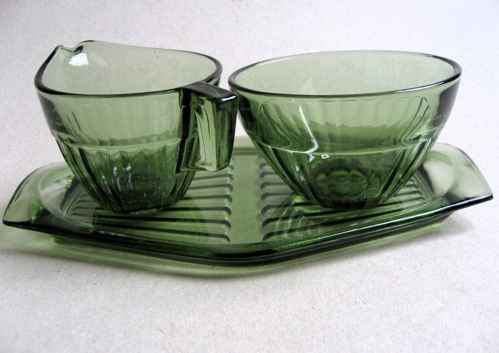 Hollandia roomstel groen persglas A..D. Copier jaren 30/40, Ophalen of Verzenden