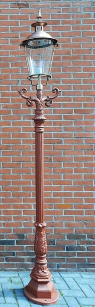 Gietijzeren lantaarnpaal echte koperen kap mooi antiek model, Ophalen, Gebruikt, Staande lamp, Netvoeding