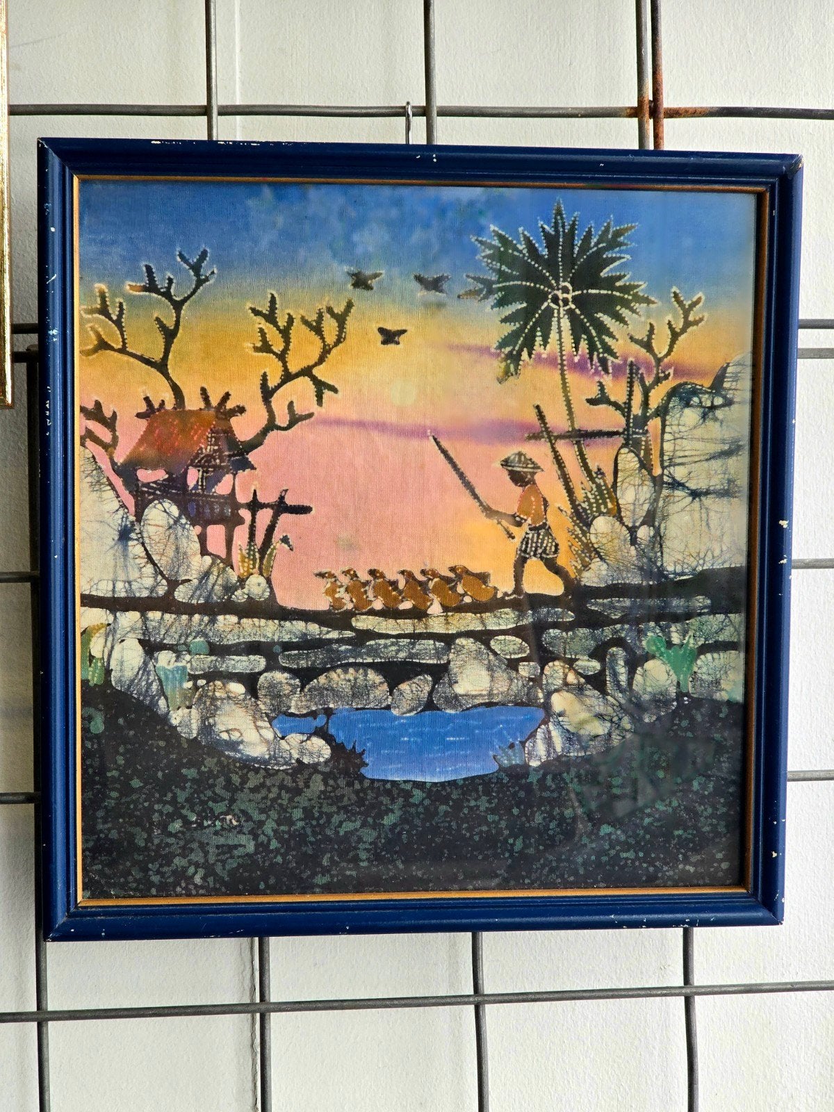 Vintage Indonesische Batik Schilderij - Tropisch Landschap, Ophalen of Verzenden