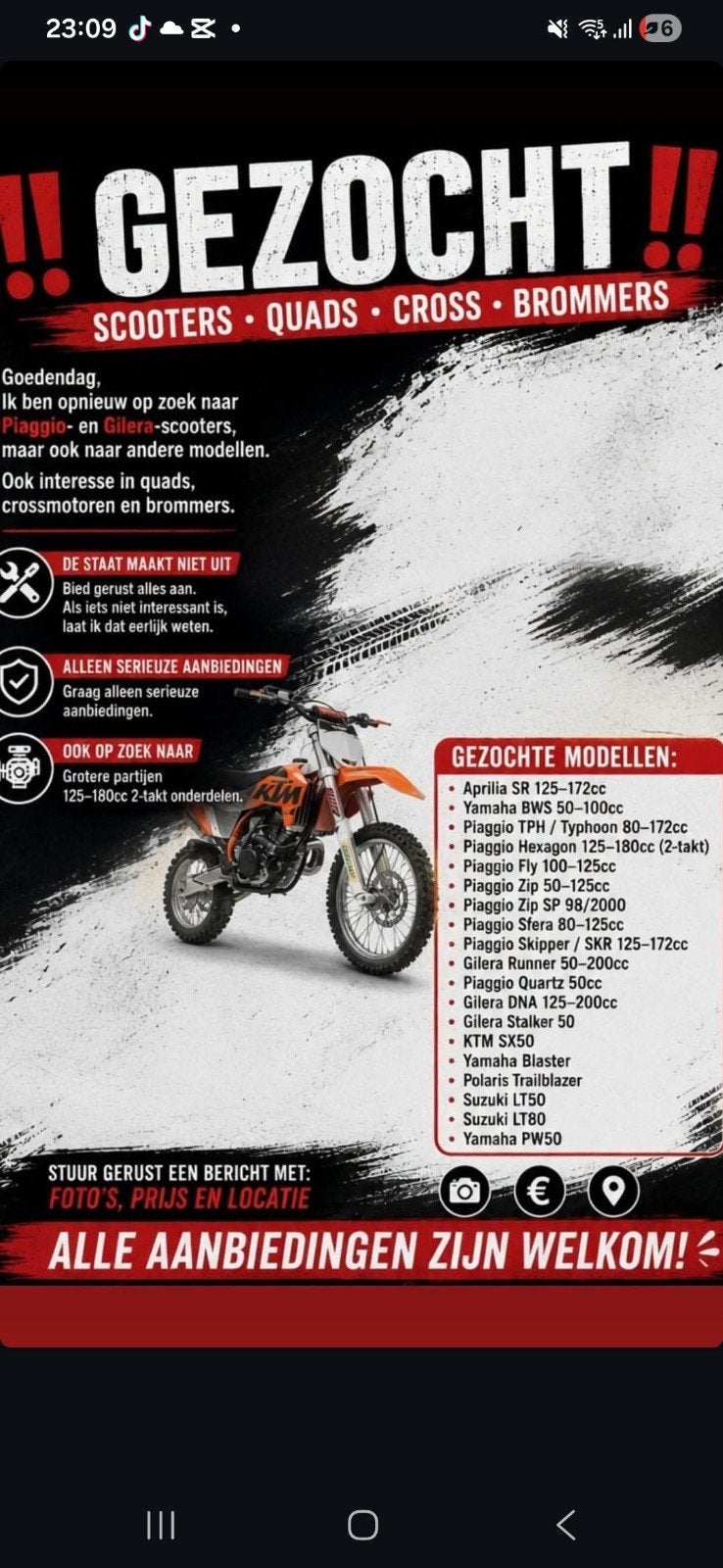 Gezocht: Scooters, Quads, Crossmotoren en Brommers, Fietsen en Brommers, Scooters | Overige merken, Ophalen of Verzenden