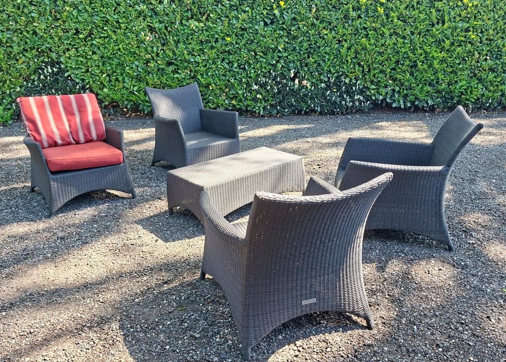 Wicker loungeset 4 stoelen en bijzettafel, Tuin en Terras, Ophalen, Gebruikt, Wicker, Bijzettafel