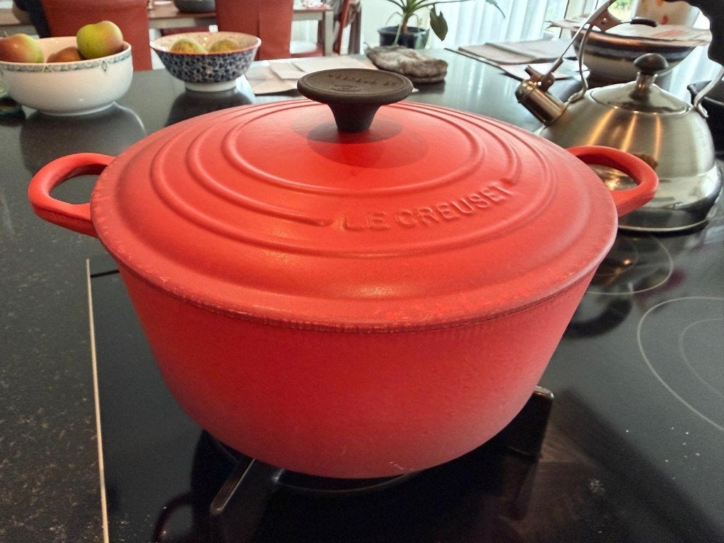 Creuset braadpan 24 cm gebruikt, Huis en Inrichting, Gebruikt, Le Creuset, Ophalen of Verzenden, Met handvatten