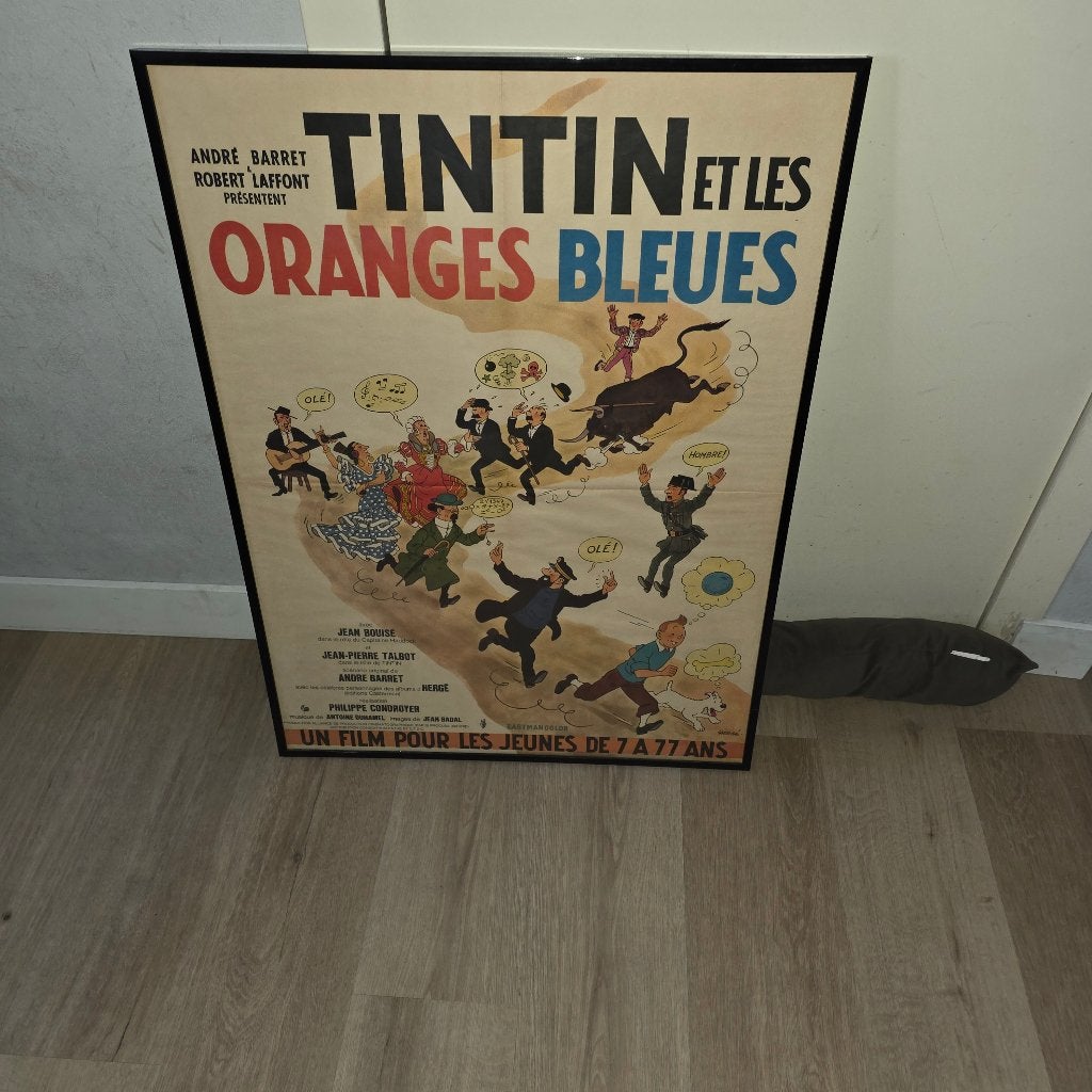 Zeldzame Kuifjes poster De Blauwe Sinaasappels 1964, Eén stripboek, Ophalen of Verzenden, Zo goed als nieuw, Herge
