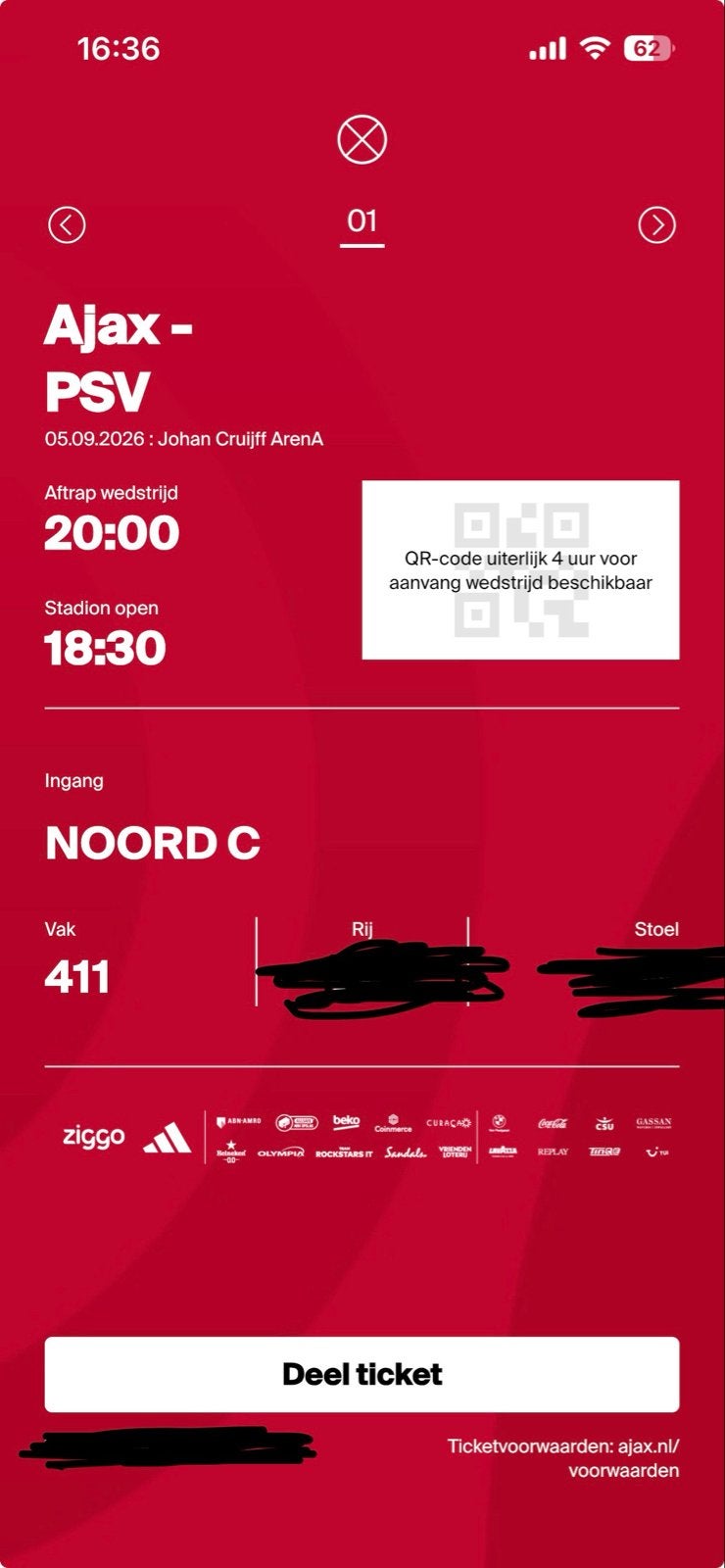 Kaartje ajax psv van 411, Tickets en Kaartjes, Sport | Voetbal, Losse kaart, Eén persoon, September
