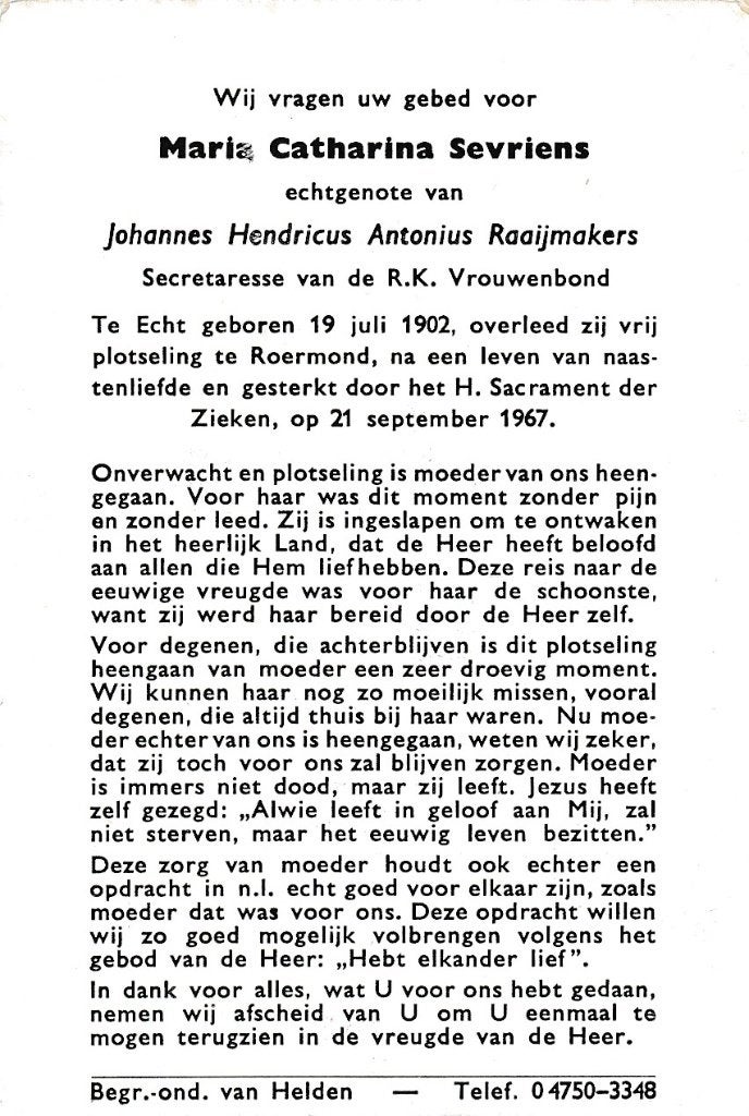 Sevriens Maria 1902 Echt 1967 Roermond, Ophalen, Bidprentje