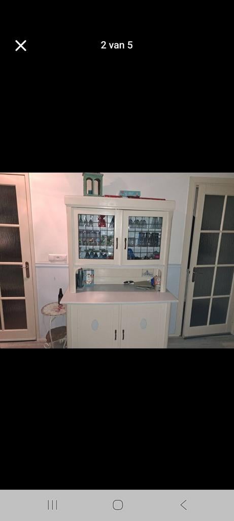 Antieke buffetkast met glas-in-lood, Huis en Inrichting, Kasten | Buffetkasten, 100 tot 150 cm, Glas, 150 tot 200 cm, 25 tot 50 cm