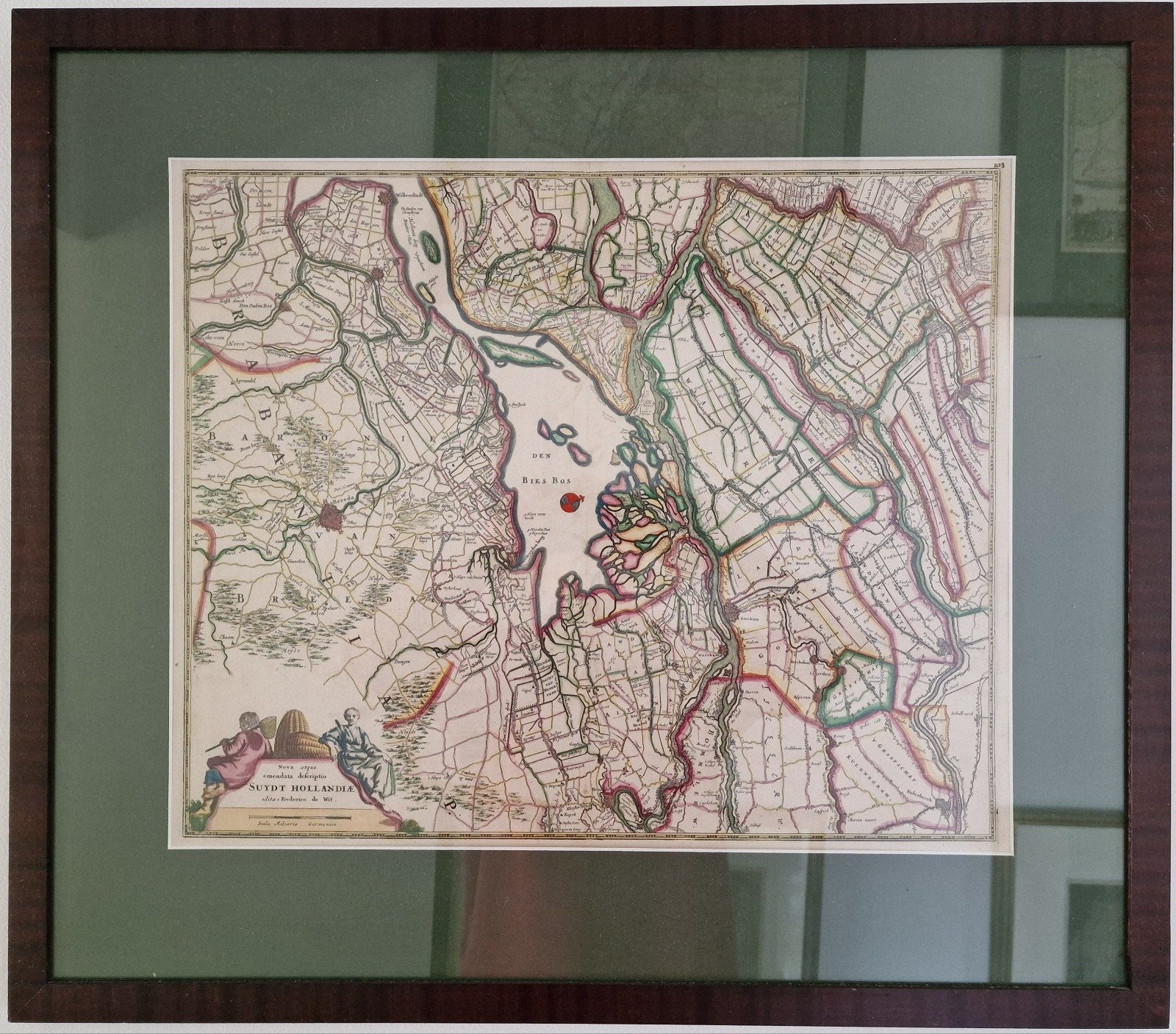 Handgekleurde landkaart "Den Bies Bos" Frederic de Wit 1680, Boeken, Atlassen en Landkaarten, Ophalen