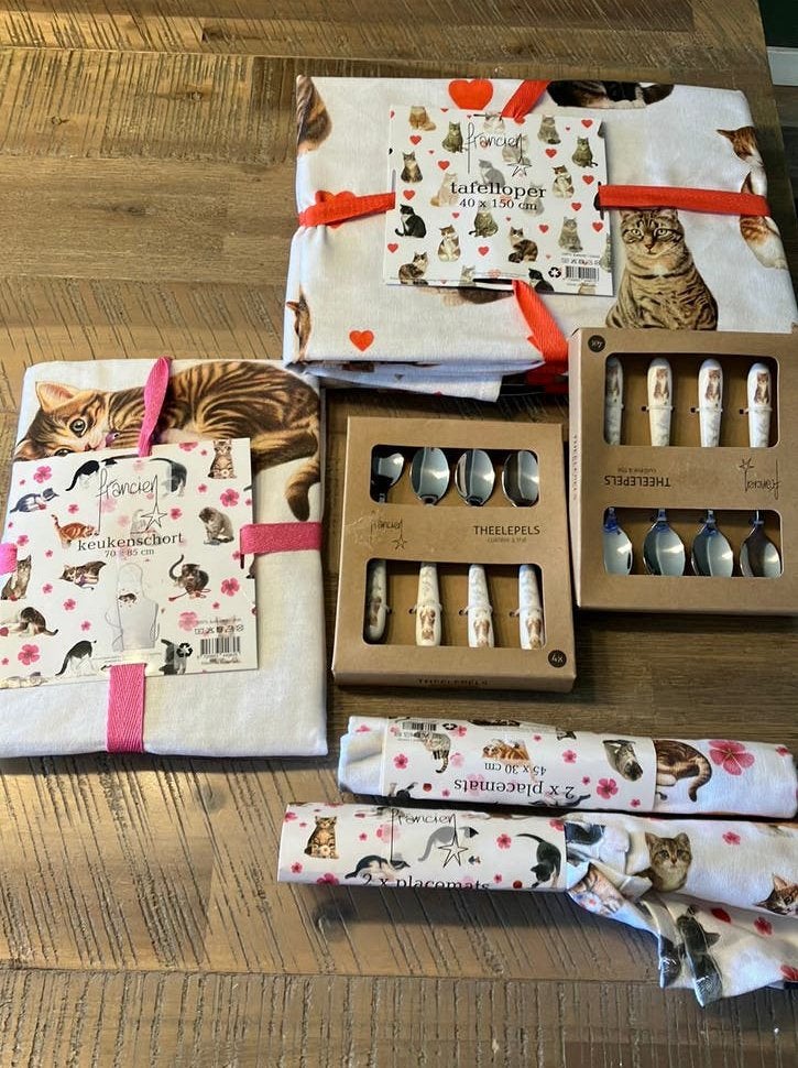 Tafelloper keukenschort placemats francien kat poes, Katoen, Nieuw, Francien, Ophalen of Verzenden