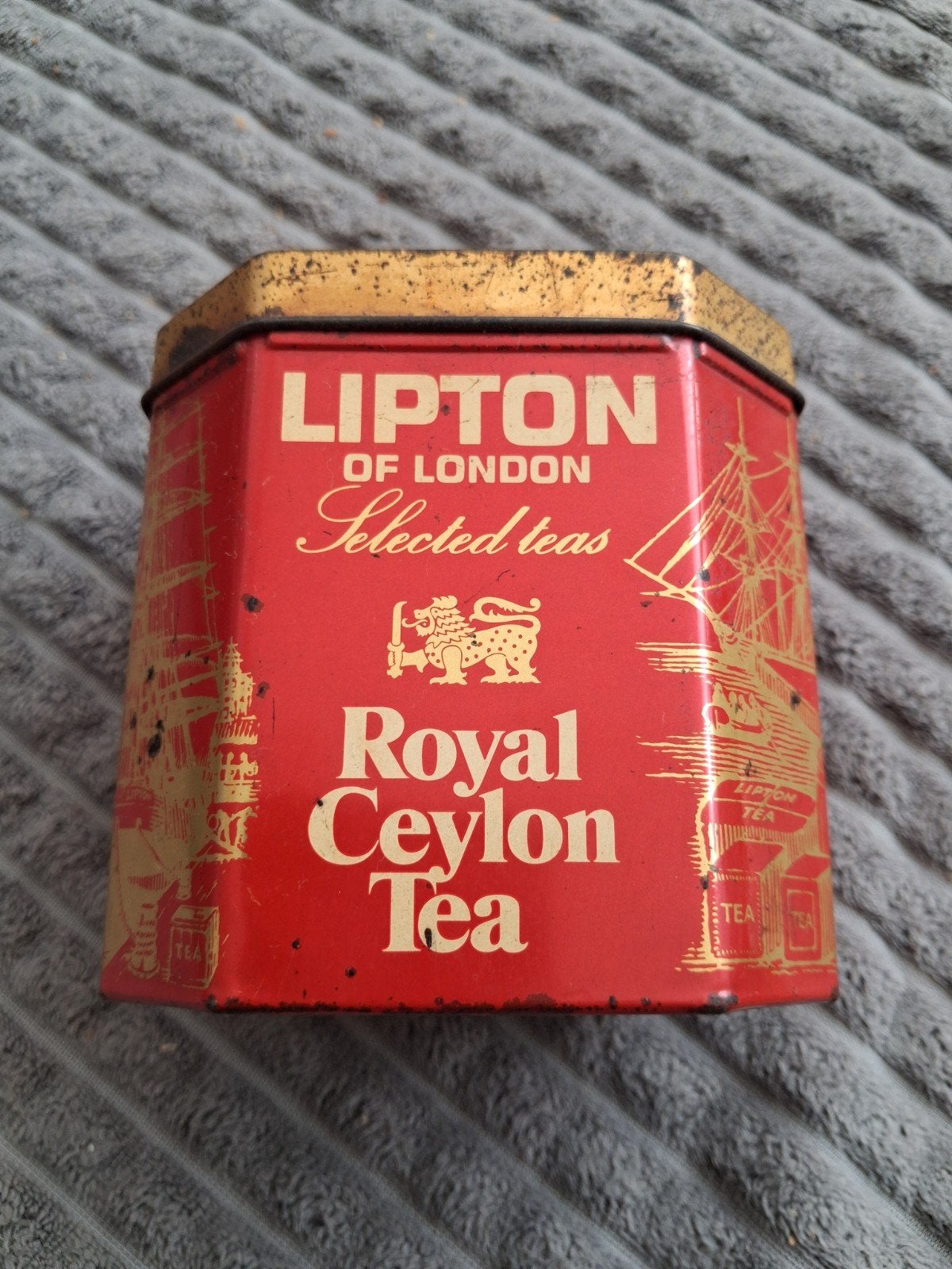 Vintage Lipton Royal Ceylon Thee Blik - Rood/Goud, Ophalen of Verzenden, Gebruikt, Thee, Overige merken