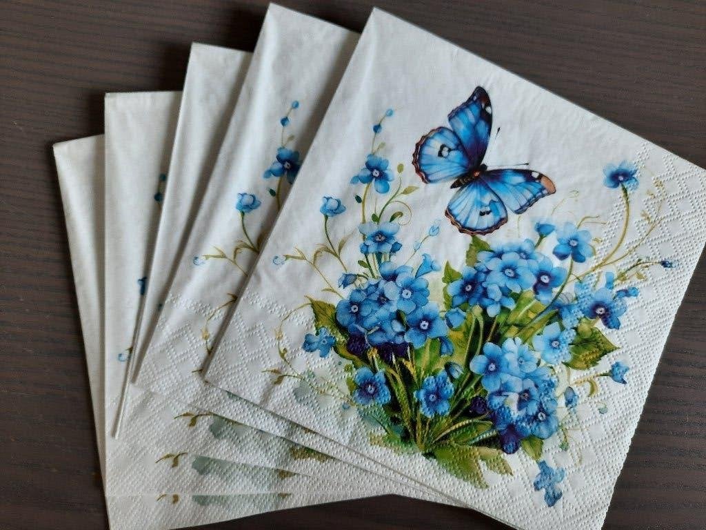 servetten (5x) bloemen  en vlinder. decoupage hobby journal, Nieuw, Papier of Karton, Blauw, Overige merken