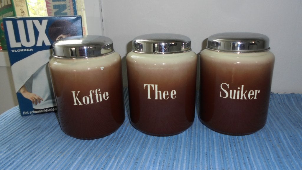 UNIEK beige/bruin emaille koffie thee suikerbussen, Antiek en Kunst, Antiek | Emaille, Ophalen